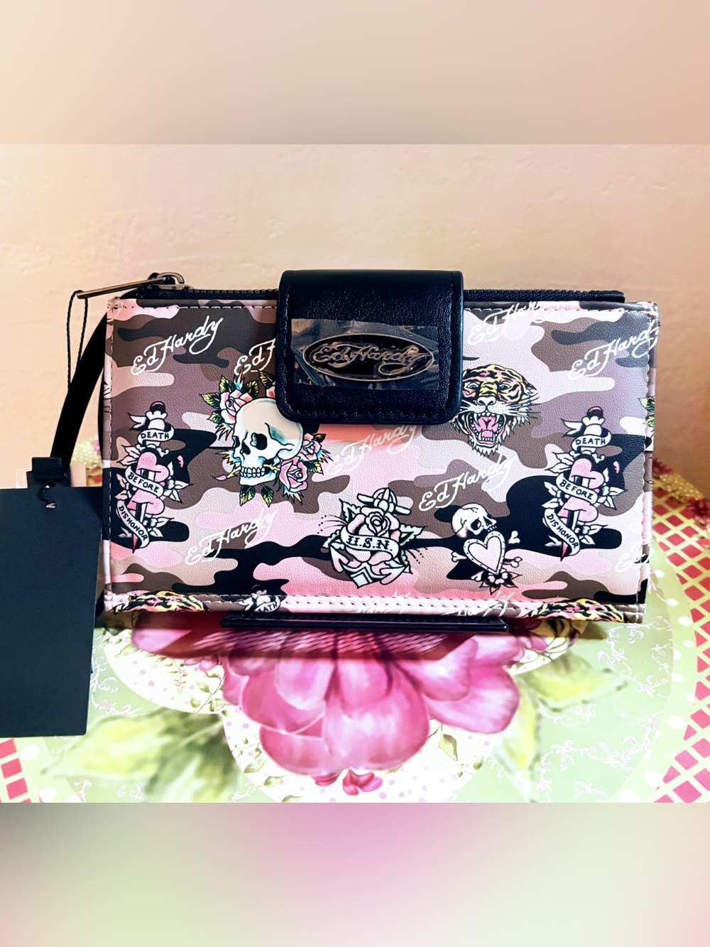 Ed Hardy Pink Camo Tattoo Print Wallet with Black Trim